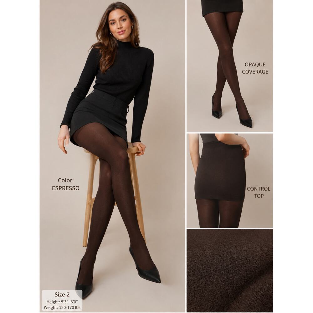HUE Opaque Tights Lot of 2 Size 2 Espresso Super Opaque & Control Top NIP
